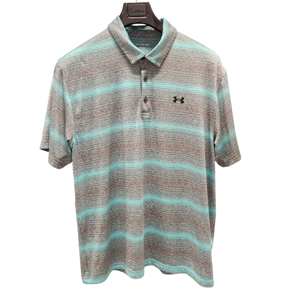 Under Armour Playoff Polo Mens 2XL Tall HeatGear Striped Golf Shirt Gray Blue